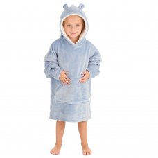 18C938: Kids Plain Oversized Plush Hoodie- Dusky Blue (One Size - 3-6 Years)