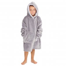 18C943: Kids Plain Oversized Plush Hoodie WIth Borg Lined Hood- Grey (One Size - 3-6 Years)