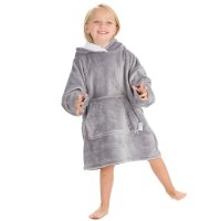 18C943: Kids Plain Oversized Plush Hoodie WIth Borg Lined Hood- Grey (One Size - 3-6 Years)