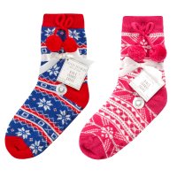 43B809: Girls Fairisle Lounge Socks With Grippers & Pom Poms