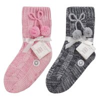 43B810: Girls Cable Lounge Socks With Grippers & Pom Poms