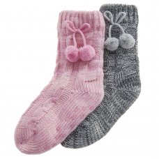 43B810: Girls Cable Lounge Socks With Grippers & Pom Poms