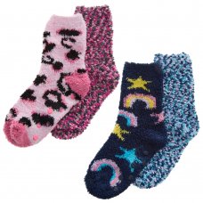 43B831: Girls 2 Pack Chenille Popcorn Cosy Socks With Grippers