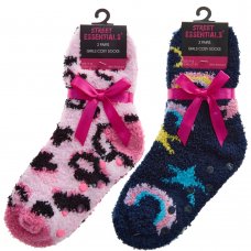 43B831: Girls 2 Pack Chenille Popcorn Cosy Socks With Grippers