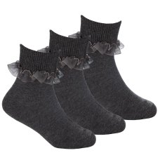 43B859: Girls 3 Pack Grey Frilly Lace TOT Socks- Assorted