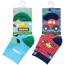 44B1003: Baby Boys 3 Pack Cotton Rich Design Ankle Socks (Assorted Sizes)
