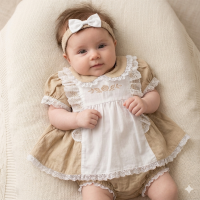 BIS-2120-6263: Baby Linen Dress, Pant & Headband Set  (NB-6 Months)