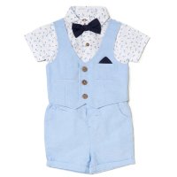 D06902B: Baby Boys Shirt With Mock Waistcoat, Bow Tie & Chambray Shorts Outfit (2-5 Years)