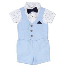 D06902B: Baby Boys Shirt With Mock Waistcoat, Bow Tie & Chambray Shorts Outfit (2-5 Years)