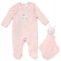 D07031: Baby Bunny Crochet Applique All In One & Comforter Set On A Satin Padded Hanger  (0-12 Months)