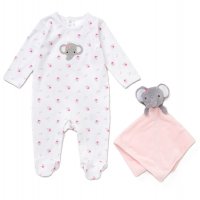 D07033: Baby Elephant Crochet Applique All In One & Comforter Set On A Satin Padded Hanger  (0-12 Months)