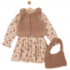 E08302A: Girls Borg Jacket, Handbag & Floral Print Dress (2-4 Years)