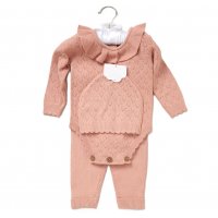 E07648: Baby Pink True Knit 3 Piece Outfit On A Satin Padded Hanger  (0-12 Months)