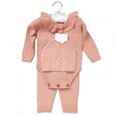 E07648: Baby Pink True Knit 3 Piece Outfit On A Satin Padded Hanger  (0-12 Months)