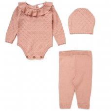 E07648: Baby Pink True Knit 3 Piece Outfit On A Satin Padded Hanger  (0-12 Months)