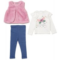 E07913INF: Baby Girls Faux Fur Gilet, Top & Legging Outfit (12-24 Months)