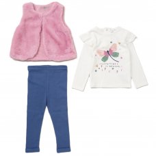 E07913INF: Baby Girls Faux Fur Gilet, Top & Legging Outfit (12-24 Months)