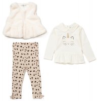 E07918INF: Baby Girls Faux Fur Gilet, Top & Legging Outfit (12-24 Months)