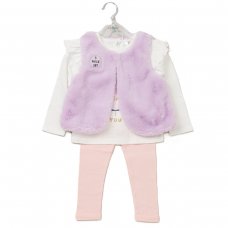 E07919INF: Baby Girls Faux Fur Gilet, Top & Legging Outfit (12-24 Months)