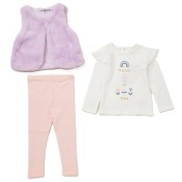 E07919INF: Baby Girls Faux Fur Gilet, Top & Legging Outfit (12-24 Months)