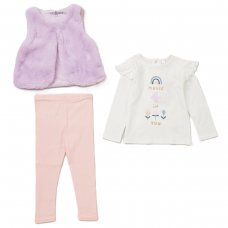 E07919INF: Baby Girls Faux Fur Gilet, Top & Legging Outfit (12-24 Months)