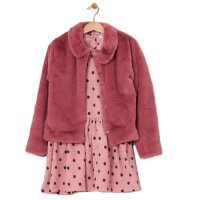 E07969A: Baby Girls Faux Fur Jacket & Polka Dot Dress (9-24 Months)