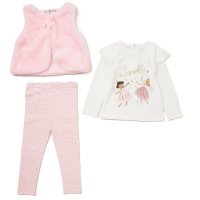 E07999INF: Baby Girls Faux Fur Gilet, Top & Legging Outfit (12-24 Months)