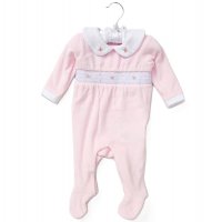 E08299: Baby Girls Smoked  Velour All In One On A Satin Padded Hanger (0-9 Months)