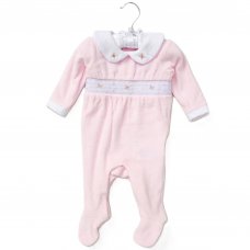 E08299: Baby Girls Smoked  Velour All In One On A Satin Padded Hanger (0-9 Months)