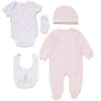 E08362: Baby Girls Bunny Ribbed Velour 5 Piece Gift Set (NB-6 Months)