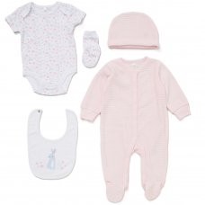 E08362: Baby Girls Bunny Ribbed Velour 5 Piece Gift Set (NB-6 Months)