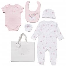 E08833: Baby Girls Floral 6 Piece Mesh Bag Gift Set (NB-6 Months)