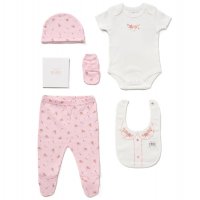 E08857: Baby Girls Floral 6 Piece Mesh Bag Gift Set (NB-6 Months)