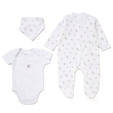 F08975NB: Baby Unisex Muslin Fabric All In One, Terry Bodysuit & Reversible Bib (0-12 Months)