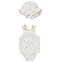 F08989NB: Baby Girls Printed Muslin Fabric Romper & Hat (0-12 Months)