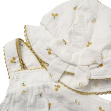 F08989NB: Baby Girls Printed Muslin Fabric Romper & Hat (0-12 Months)