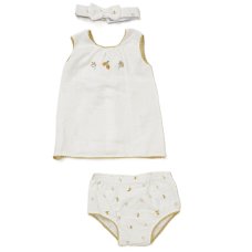 F08990NB: Baby Girls Muslin Fabric Dress, Pant & Headband Set (0-12 Months)