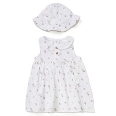 F09000NB: Baby Girls Muslin Fabric Dress & Hat Set (0-12 Months)