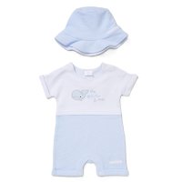 F09015NB: Baby Boys Waffle Fabric Romper & Reversible Hat Set (0-12 Months)