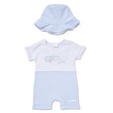 F09015NB: Baby Boys Waffle Fabric Romper & Reversible Hat Set (0-12 Months)