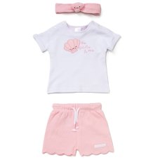 F09018NB: Baby Girls T-Shirt, Waffle Fabric Shorts & Headband Set (0-12 Months)