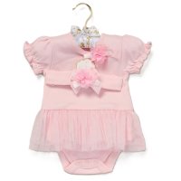 F09843NB: Baby Girls Pink Bodysuit & Headband On A Satin Padded Hanger (0-9 Months)