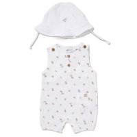 F10221NB: Baby Unisex Muslin Fabric Romper & Hat (0-9 Months)