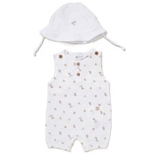 F10221NB: Baby Unisex Muslin Fabric Romper & Hat (0-9 Months)