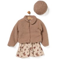G10967TOD: Girls Boucle Fur Jacket & Beret With Crepe Jersey Dress (2-3 Years)