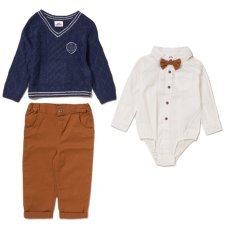 G10993INF: Baby Boys Knitted Jumper, Bodysuit Shirt With Bow Tie & Pant Outfit (12-24 Months)