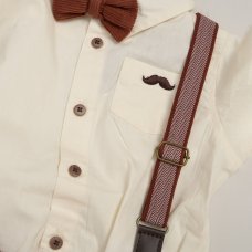 G11526INF: Baby Boys Bodysuit Shirt With Corduroy Bow Tie & Pant With Braces Outfit (12-24 Months)