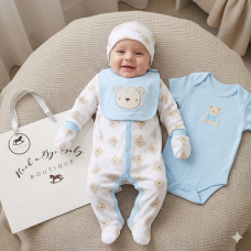 H15241NB: Baby Boys Bear 6 Piece Mesh Bag Gift Set (NB-6 Months)