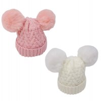 KIDS6229: Baby Girls Knitted Double Fur Pom Pom Hat (0-6 Months)