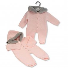 BW-10-1180P: Baby Knitted All in One with Hood and Buttons- Pink (NB-6 Months)